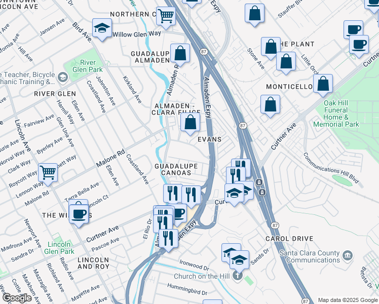 map of restaurants, bars, coffee shops, grocery stores, and more near 2125 Canoas Garden Avenue in San Jose