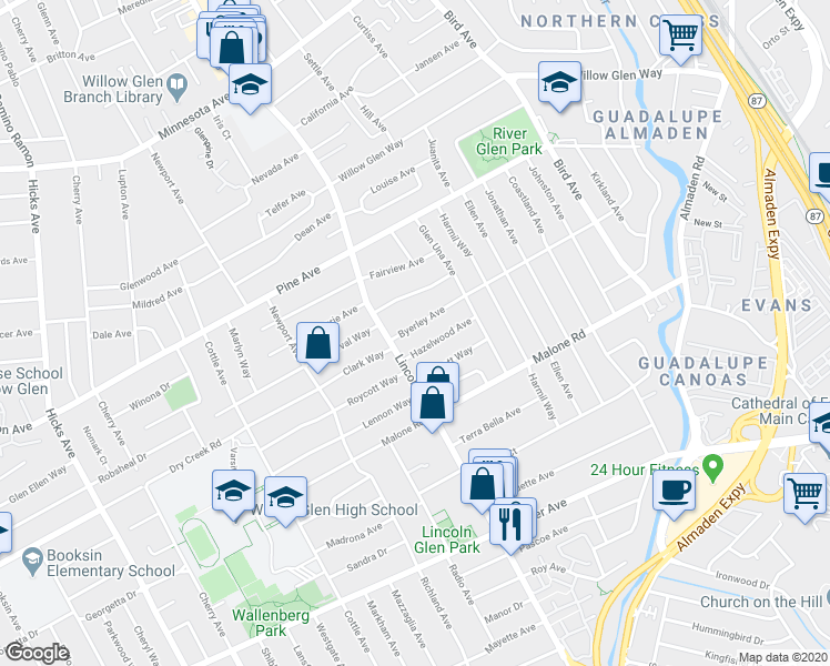 map of restaurants, bars, coffee shops, grocery stores, and more near 1091 Byerley Avenue in San Jose