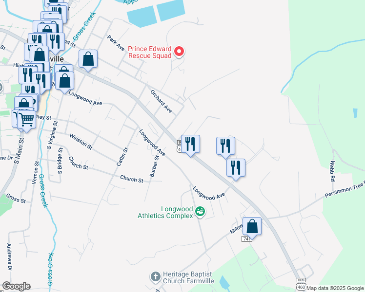 map of restaurants, bars, coffee shops, grocery stores, and more near 209 Hylawn Avenue in Farmville