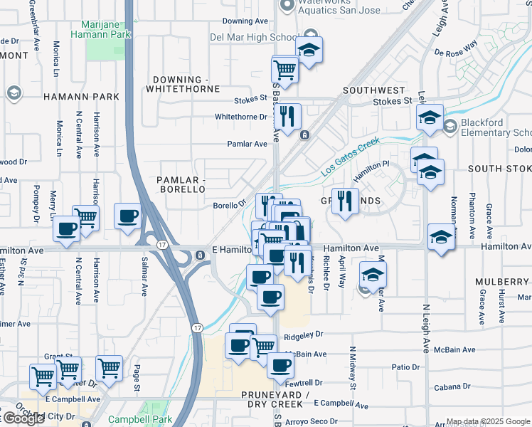 map of restaurants, bars, coffee shops, grocery stores, and more near 1475 South Bascom Avenue in Campbell