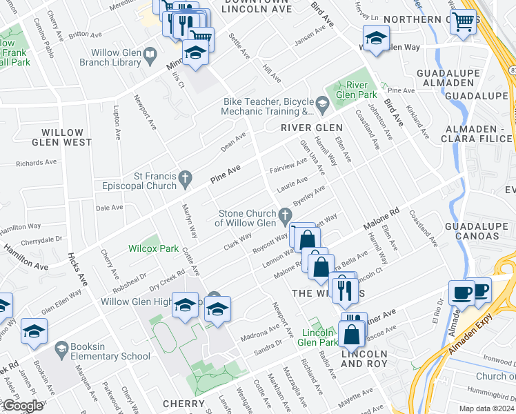 map of restaurants, bars, coffee shops, grocery stores, and more near 1127 Norval Way in San Jose
