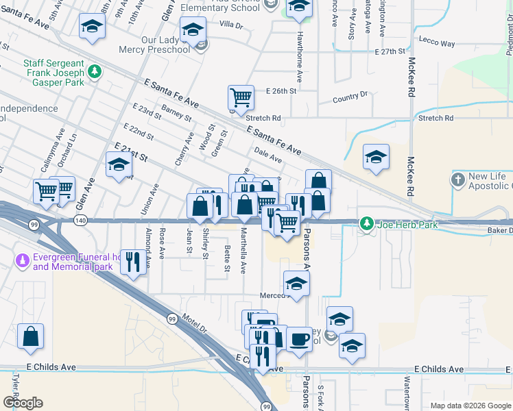 map of restaurants, bars, coffee shops, grocery stores, and more near 1785 East 21st Street in Merced