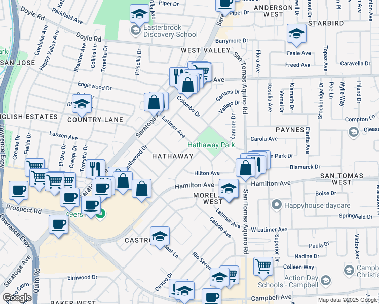 map of restaurants, bars, coffee shops, grocery stores, and more near 1512 Vallejo Drive in San Jose