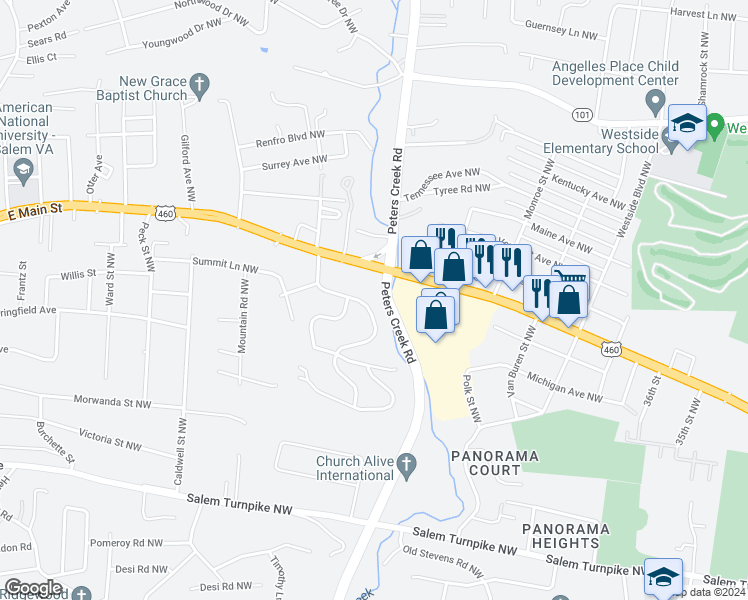map of restaurants, bars, coffee shops, grocery stores, and more near 1075 Glenn Ridge Road Northwest in Roanoke