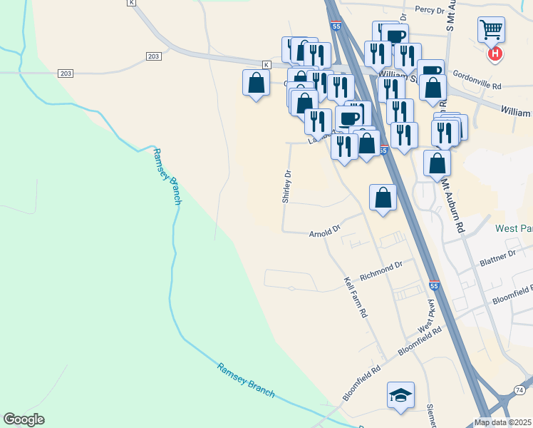 map of restaurants, bars, coffee shops, grocery stores, and more near 315 Shirley Drive in Cape Girardeau