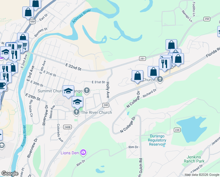 map of restaurants, bars, coffee shops, grocery stores, and more near 2920 Holly Avenue in Durango