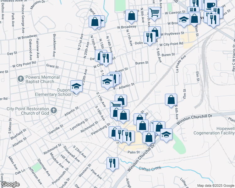 map of restaurants, bars, coffee shops, grocery stores, and more near 335 South 15th Avenue in Hopewell