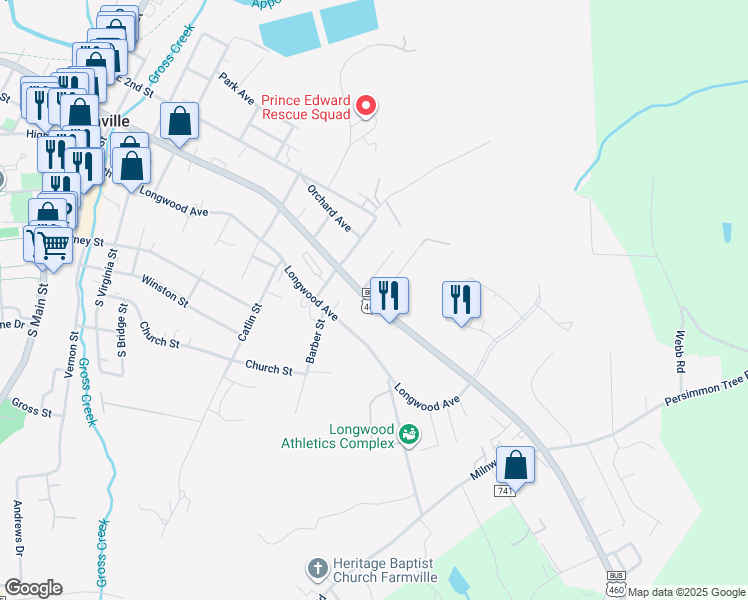 map of restaurants, bars, coffee shops, grocery stores, and more near 215 Hylawn Avenue in Farmville