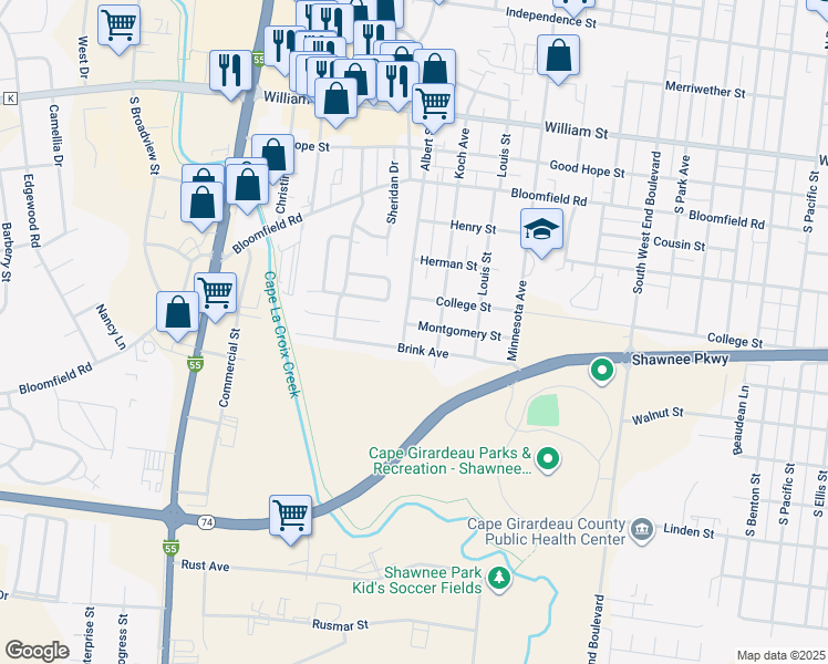 map of restaurants, bars, coffee shops, grocery stores, and more near 1913 Montgomery Street in Cape Girardeau