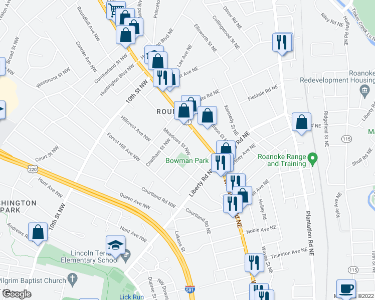 map of restaurants, bars, coffee shops, grocery stores, and more near 2811 Meadows Street Northwest in Roanoke