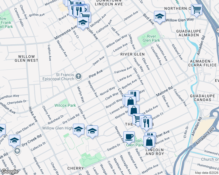 map of restaurants, bars, coffee shops, grocery stores, and more near 1127 Norval Way in San Jose