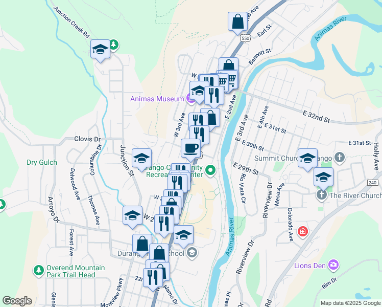 map of restaurants, bars, coffee shops, grocery stores, and more near 170 West 29th Street in Durango