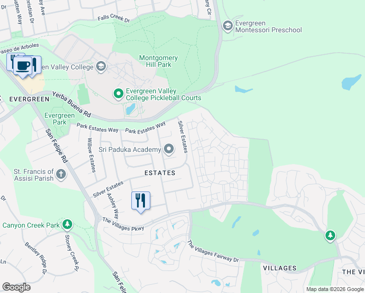 map of restaurants, bars, coffee shops, grocery stores, and more near 3055 Silver Estates in San Jose