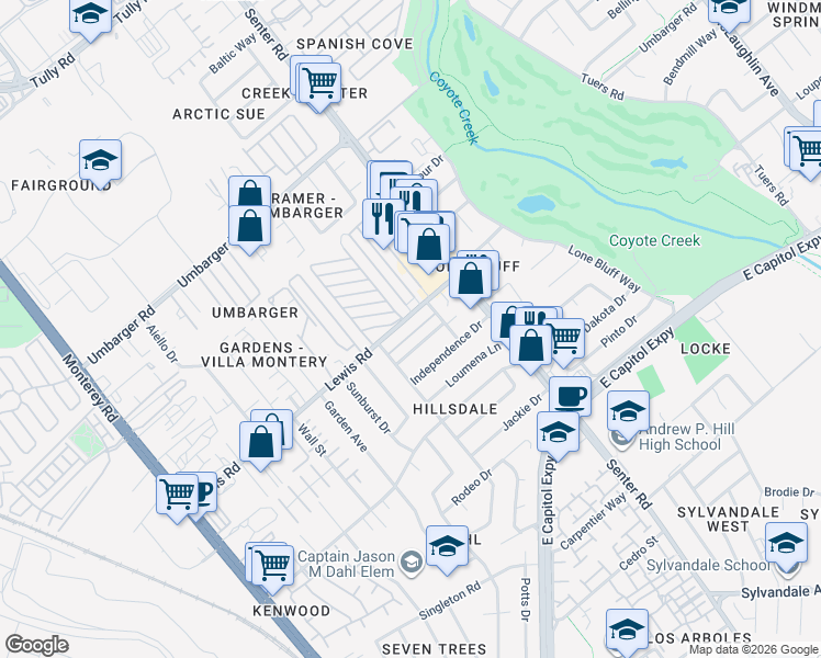map of restaurants, bars, coffee shops, grocery stores, and more near 475 Pocatello Drive in San Jose