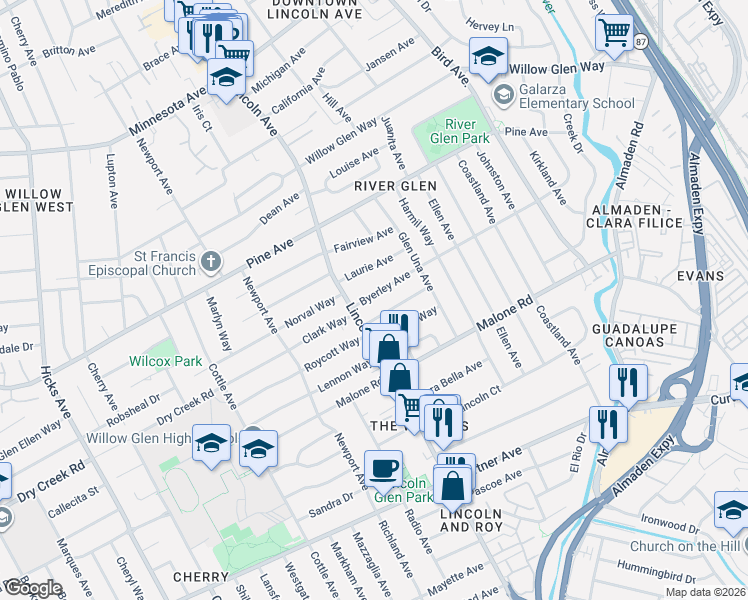 map of restaurants, bars, coffee shops, grocery stores, and more near 1091 Byerley Avenue in San Jose