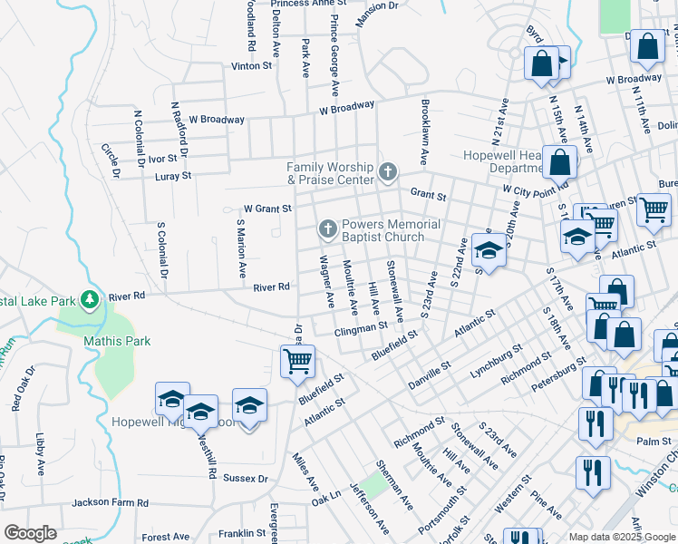 map of restaurants, bars, coffee shops, grocery stores, and more near 2802 Johnson Street in Hopewell