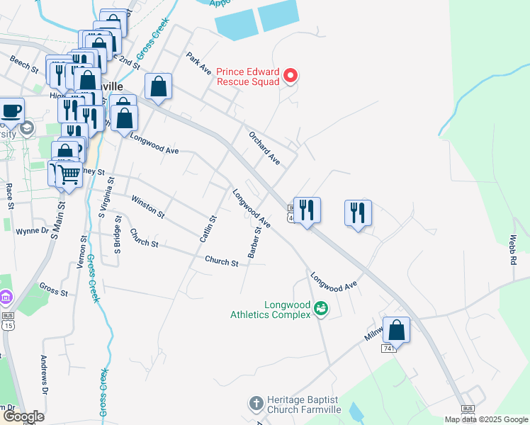 map of restaurants, bars, coffee shops, grocery stores, and more near 904 Longwood Avenue in Farmville