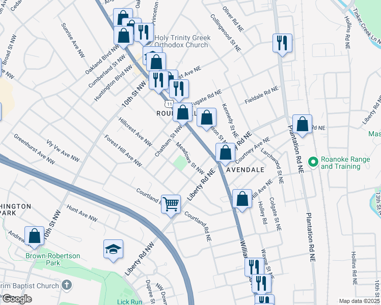 map of restaurants, bars, coffee shops, grocery stores, and more near 2818 Meadows Street Northwest in Roanoke