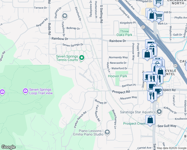 map of restaurants, bars, coffee shops, grocery stores, and more near 11763 Trinity Spring Court in Cupertino