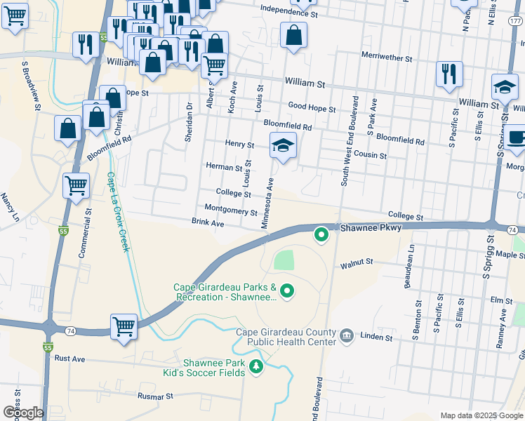 map of restaurants, bars, coffee shops, grocery stores, and more near 1708 Montgomery Street in Cape Girardeau