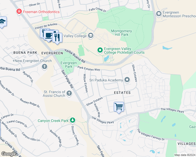 map of restaurants, bars, coffee shops, grocery stores, and more near 5164 Shadow Estates in San Jose