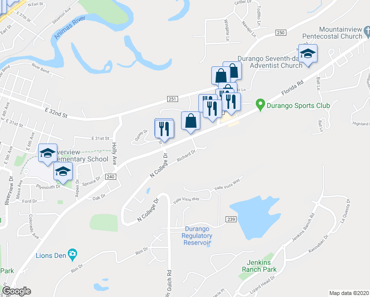 map of restaurants, bars, coffee shops, grocery stores, and more near 1330 Florida Road in Durango