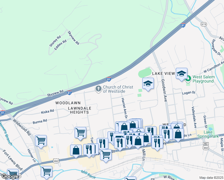 map of restaurants, bars, coffee shops, grocery stores, and more near 1534 Brushy Mountain Drive in Salem