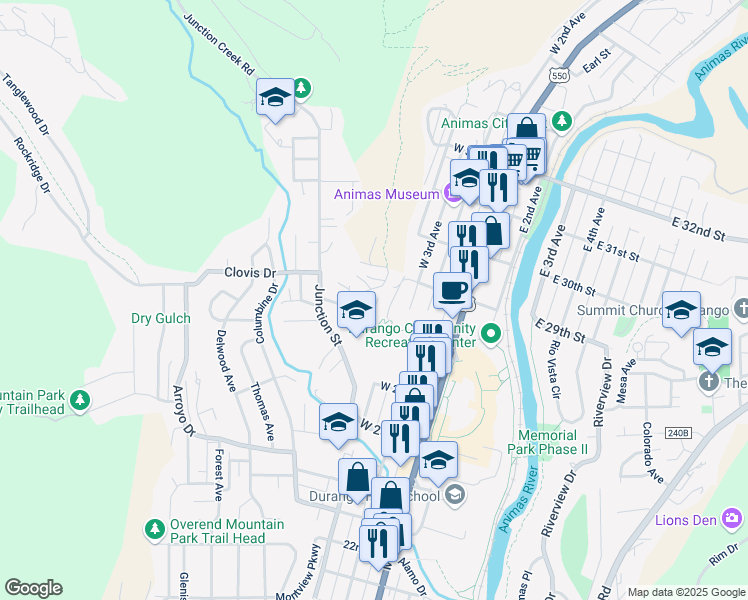 map of restaurants, bars, coffee shops, grocery stores, and more near 2 West 28th Way in Durango
