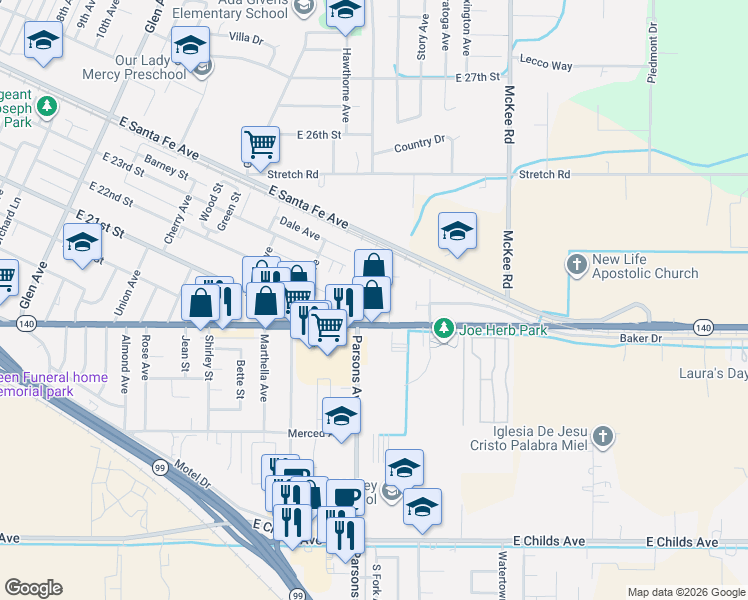 map of restaurants, bars, coffee shops, grocery stores, and more near 2125 Yosemite Parkway in Merced