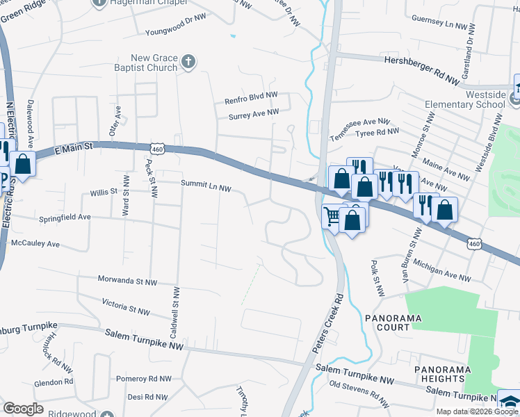 map of restaurants, bars, coffee shops, grocery stores, and more near 4516 Westdale Road Northwest in Roanoke