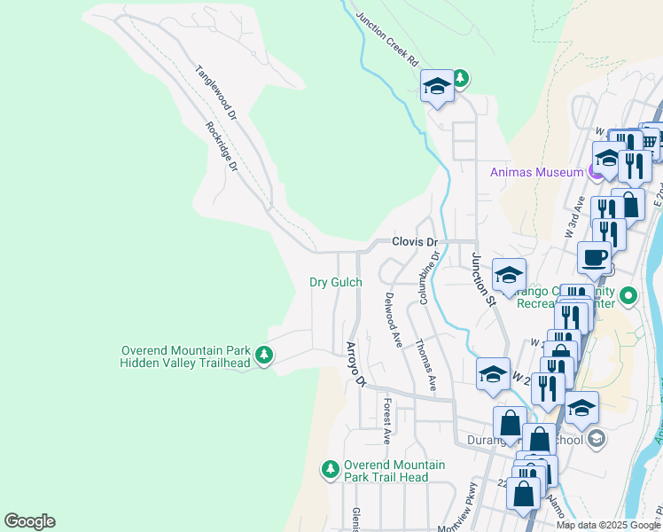 map of restaurants, bars, coffee shops, grocery stores, and more near 2597 Borrego Drive in Durango