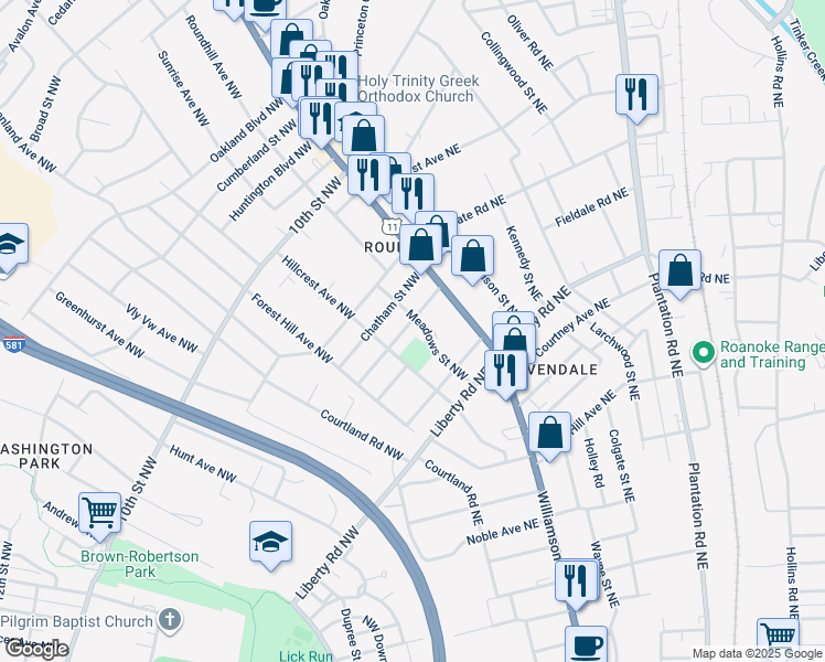 map of restaurants, bars, coffee shops, grocery stores, and more near 2623 Bowman Street Northwest in Roanoke