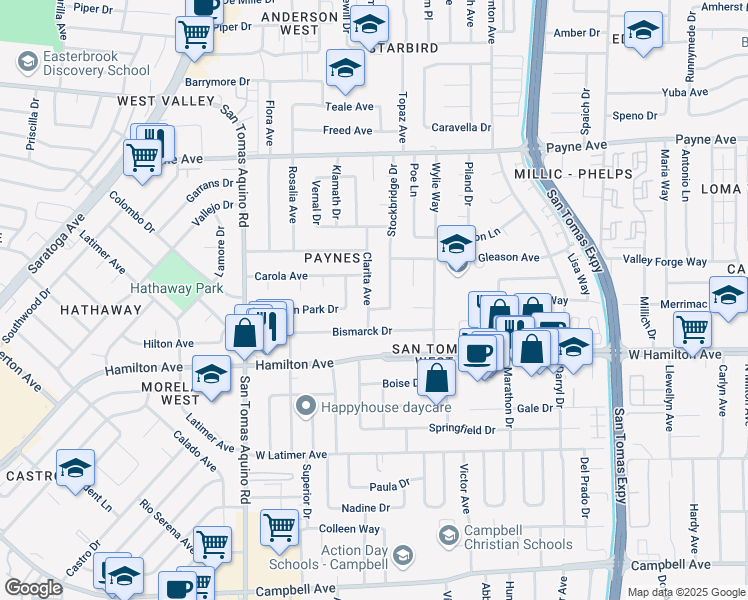 map of restaurants, bars, coffee shops, grocery stores, and more near 1542 Clarita Avenue in San Jose