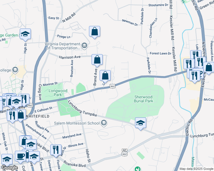 map of restaurants, bars, coffee shops, grocery stores, and more near 1013 East Main Street in Salem