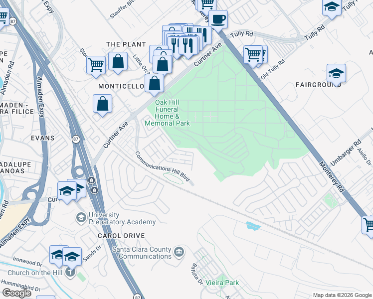 map of restaurants, bars, coffee shops, grocery stores, and more near 2377 Azevedo Parkway in San Jose