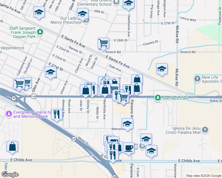 map of restaurants, bars, coffee shops, grocery stores, and more near 1785 East 21st Street in Merced