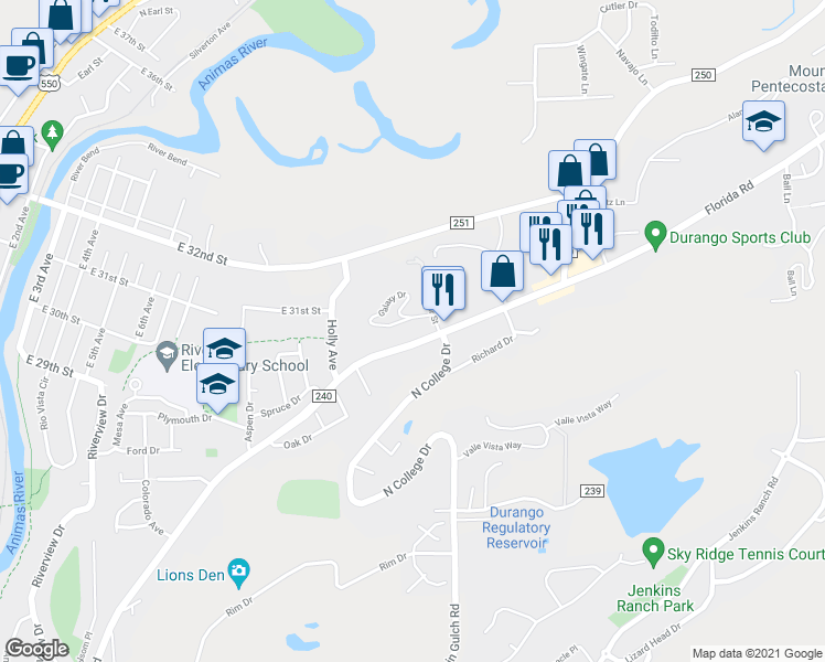 map of restaurants, bars, coffee shops, grocery stores, and more near 1219 Florida Rd in Durango