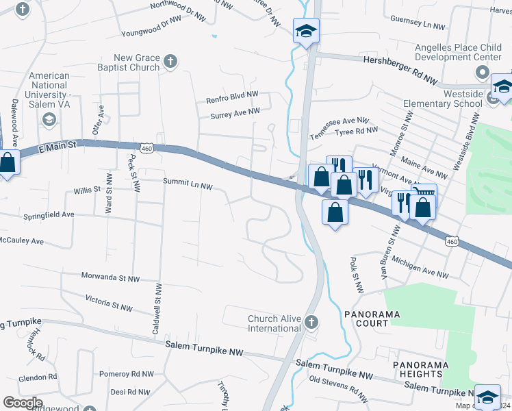 map of restaurants, bars, coffee shops, grocery stores, and more near 4420 Glenn Ridge Road Northwest in Roanoke