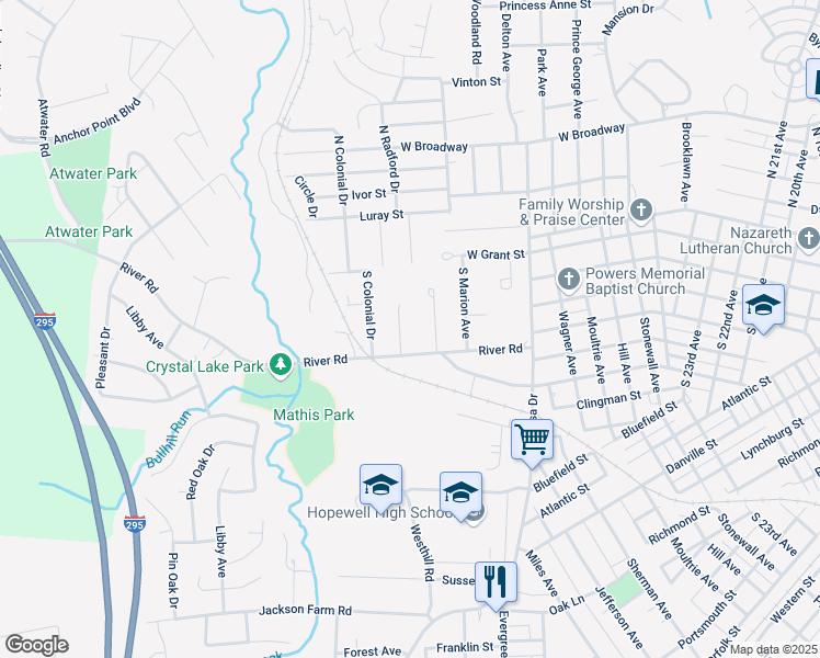 map of restaurants, bars, coffee shops, grocery stores, and more near 117 South Radford Drive in Hopewell