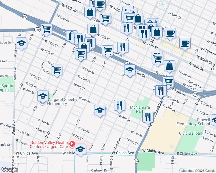 map of restaurants, bars, coffee shops, grocery stores, and more near 1018 O Street in Merced