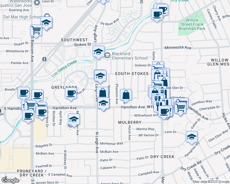 map of restaurants, bars, coffee shops, grocery stores, and more near 1575 Phantom Avenue in San Jose