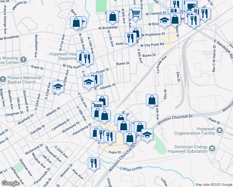 map of restaurants, bars, coffee shops, grocery stores, and more near 324 South 12th Avenue in Hopewell
