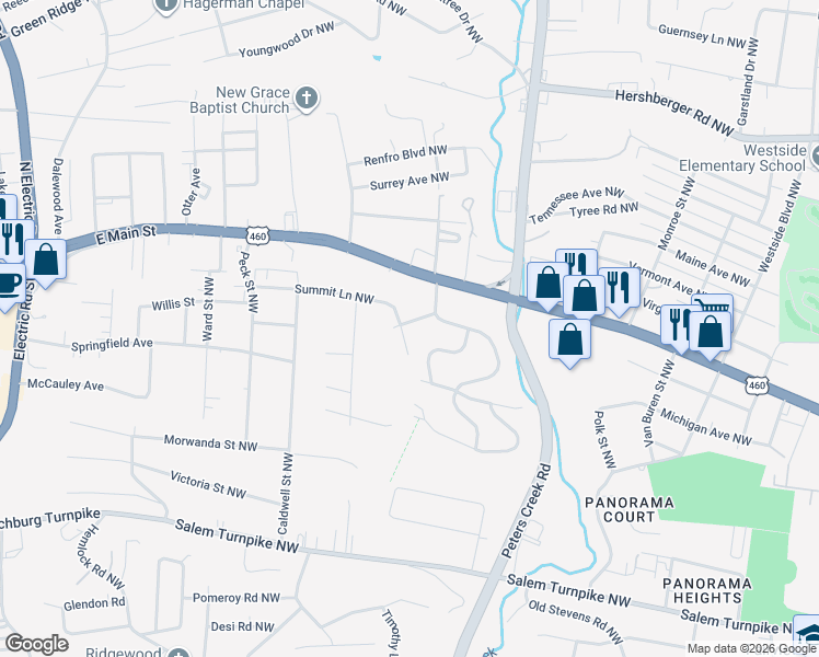 map of restaurants, bars, coffee shops, grocery stores, and more near 4516 Westdale Road Northwest in Roanoke