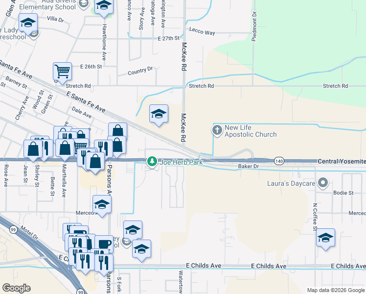 map of restaurants, bars, coffee shops, grocery stores, and more near 2000 McKee Road in Merced