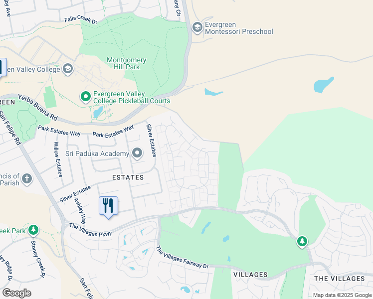 map of restaurants, bars, coffee shops, grocery stores, and more near 5286 Cribari Dale in San Jose