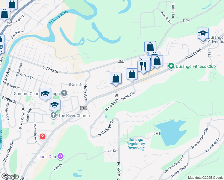 map of restaurants, bars, coffee shops, grocery stores, and more near 1255 Florida Road in Durango