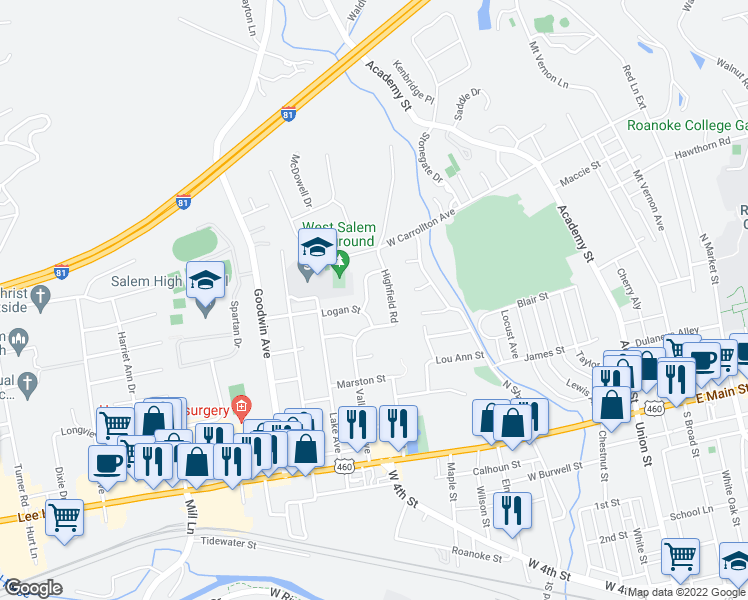 map of restaurants, bars, coffee shops, grocery stores, and more near 508 Valleydale Avenue in Salem