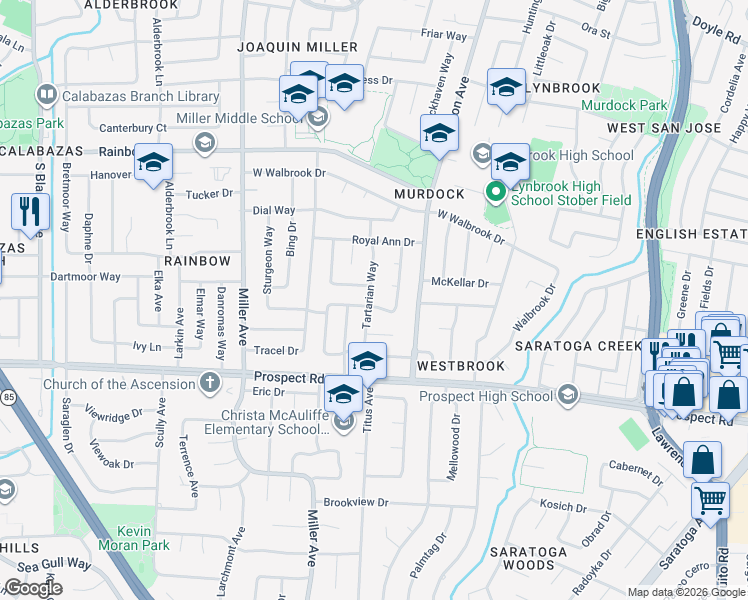 map of restaurants, bars, coffee shops, grocery stores, and more near 6005 Wellfleet Way in San Jose