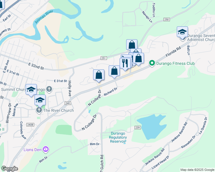 map of restaurants, bars, coffee shops, grocery stores, and more near 1330 Florida Road in Durango