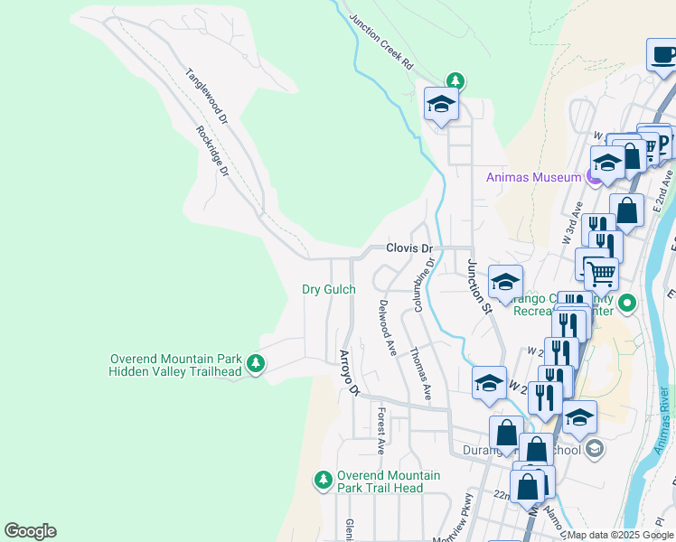 map of restaurants, bars, coffee shops, grocery stores, and more near 2597-2619 Borrego Drive in Durango